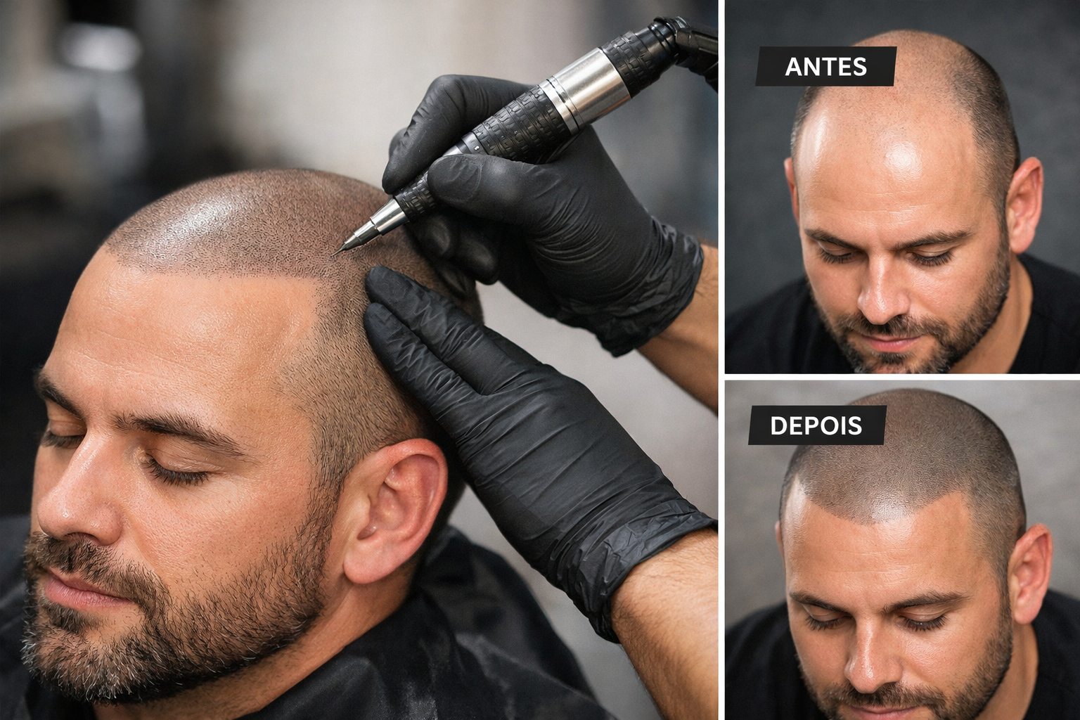Micropigmentação capilar sendo realizada com exemplo visual de antes e depois